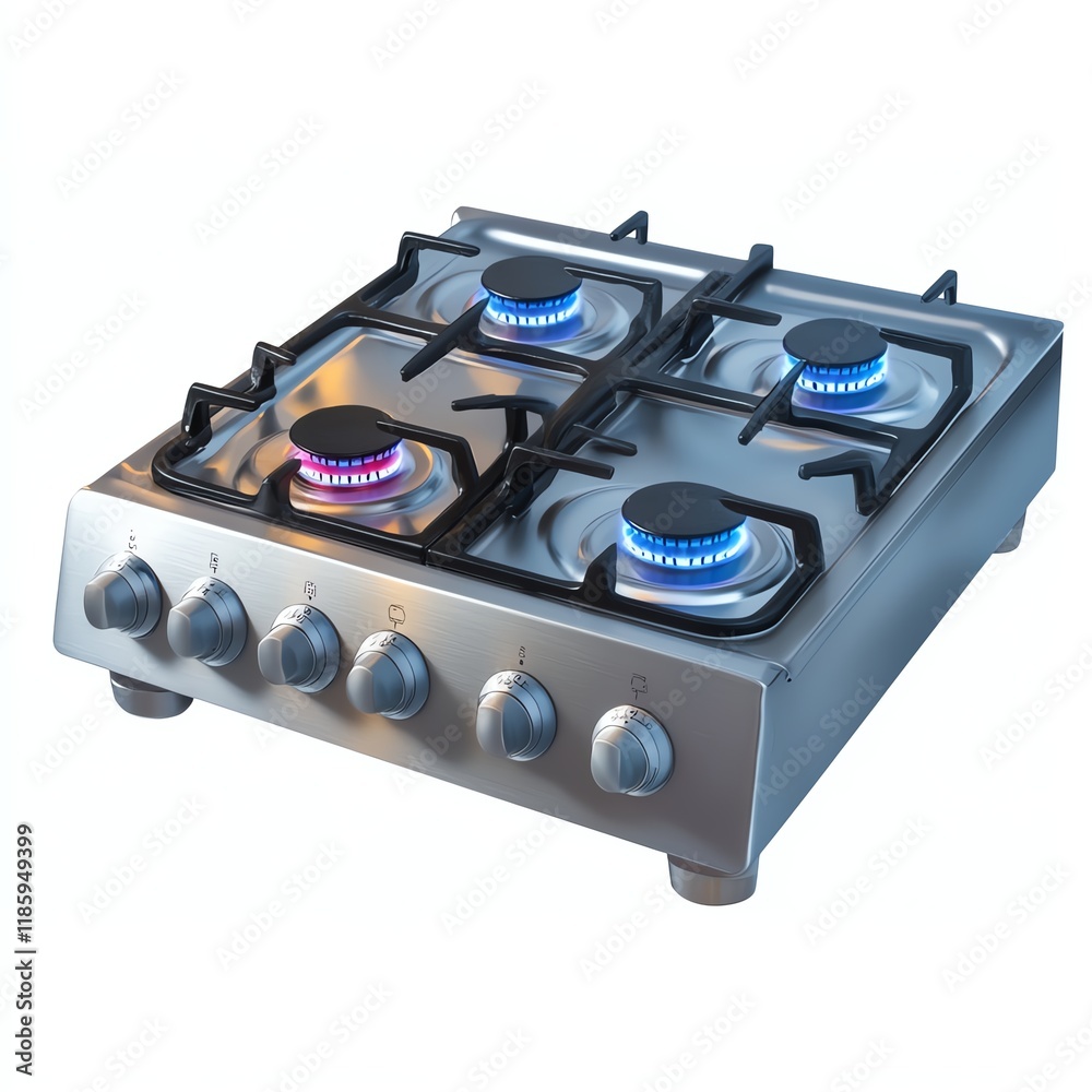 Modern stainless steel gas stove with four burners and illuminated controls. Modern stainless steel gas stove with four burners and illuminated controls.