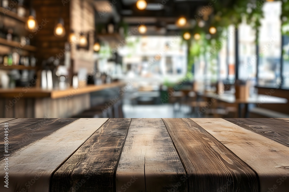 Rustic wooden table, cafe background, city view, product display Rustic wooden table, cafe background, city view, product display