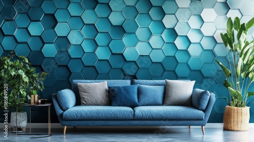 Blue sofa, hexagon wall, plants, modern living room, interior design photo