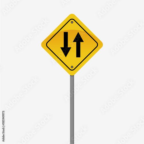 Yellow road sign with two arrows on white backgroundb