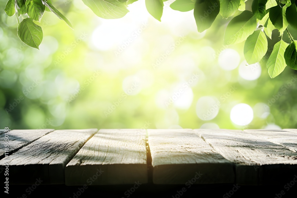 Sunny spring garden, wooden table, bokeh background, product display