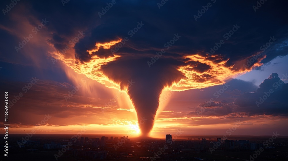 Obraz premium Fiery Sunset Tornado: A Dramatic Aerial View