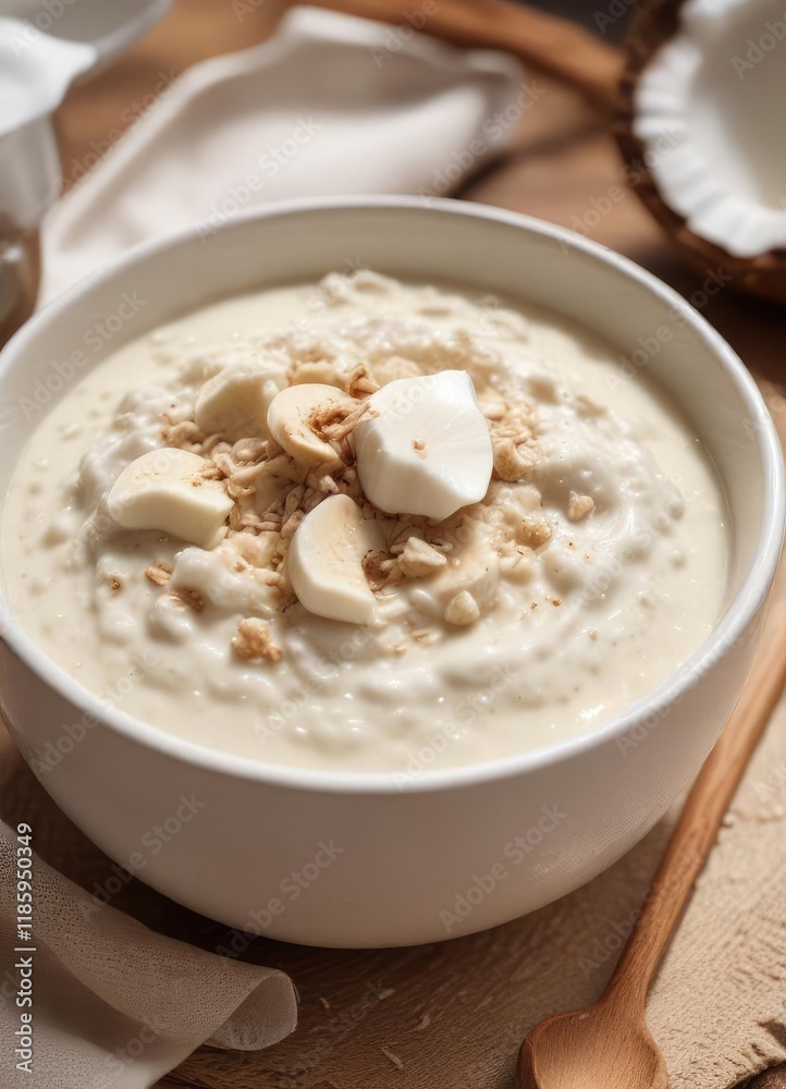 A dollop of coconut milk on a bowl of oatmeal , , brown bowl A dollop of coconut milk on a bowl of oatmeal , , brown bowl
