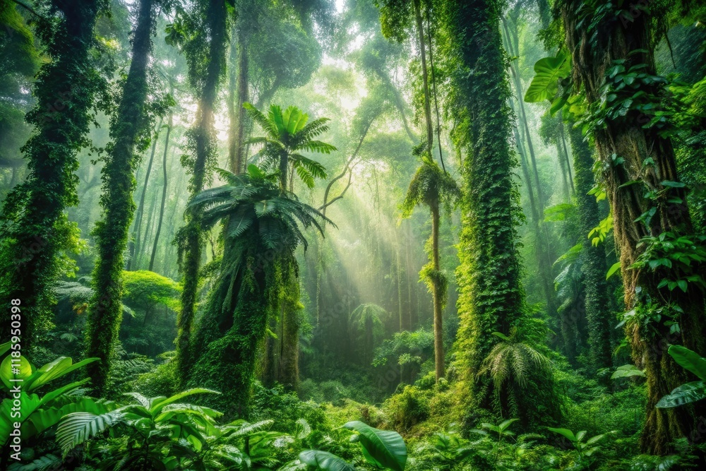 Fototapeta premium A dramatic and atmospheric shot of a dense jungle with tall trees, green vines, and exotic plants, set against a rich green background, calmness, earthy tones, exotic plants, tropical scenes