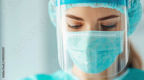 Healthcare worker in protective gear focused on patient care photo