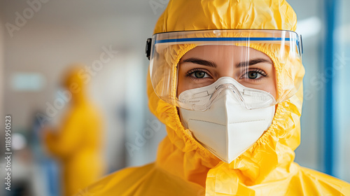 Healthcare worker in protective gear during a medical procedure photo