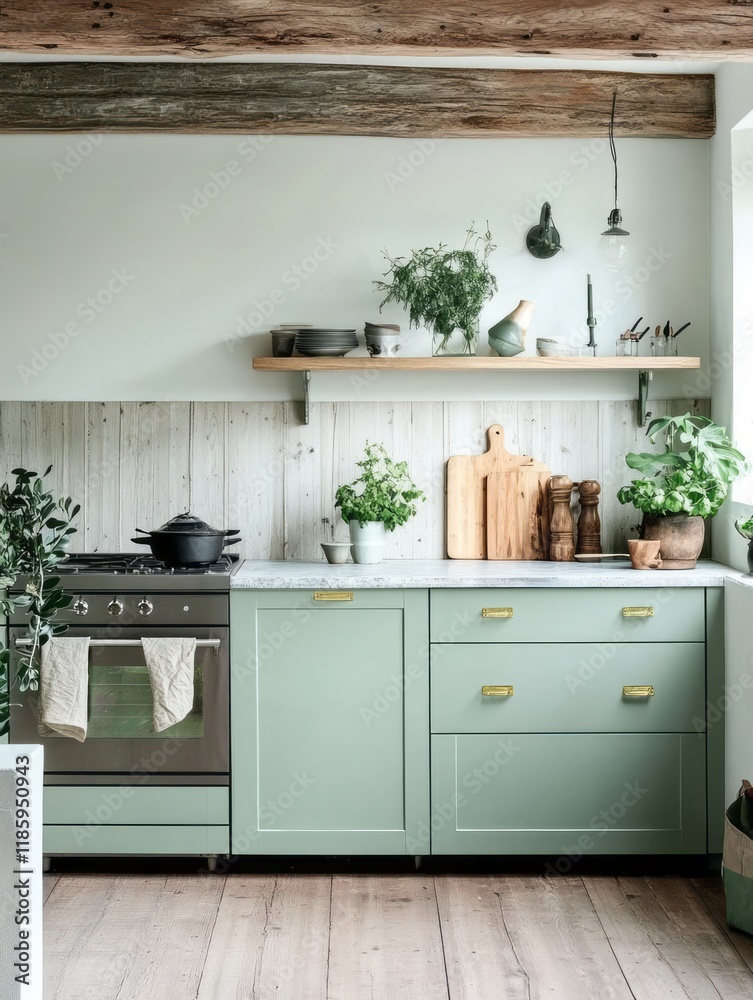 Fototapeta premium Modern Rustic Kitchen With Sage Green Cabinets And Wooden Beams