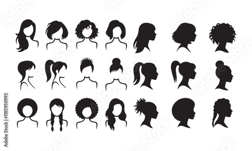 Women Hairstyles Silhouette Icons - Diverse Haircuts, Ponytails, and Updos