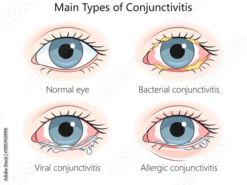 normal eyes, bacterial, viral, and allergic conjunctivitis, symptoms redness, discharge, and irritation diagram hand drawn schematic vector illustration. Medical science educational illustration