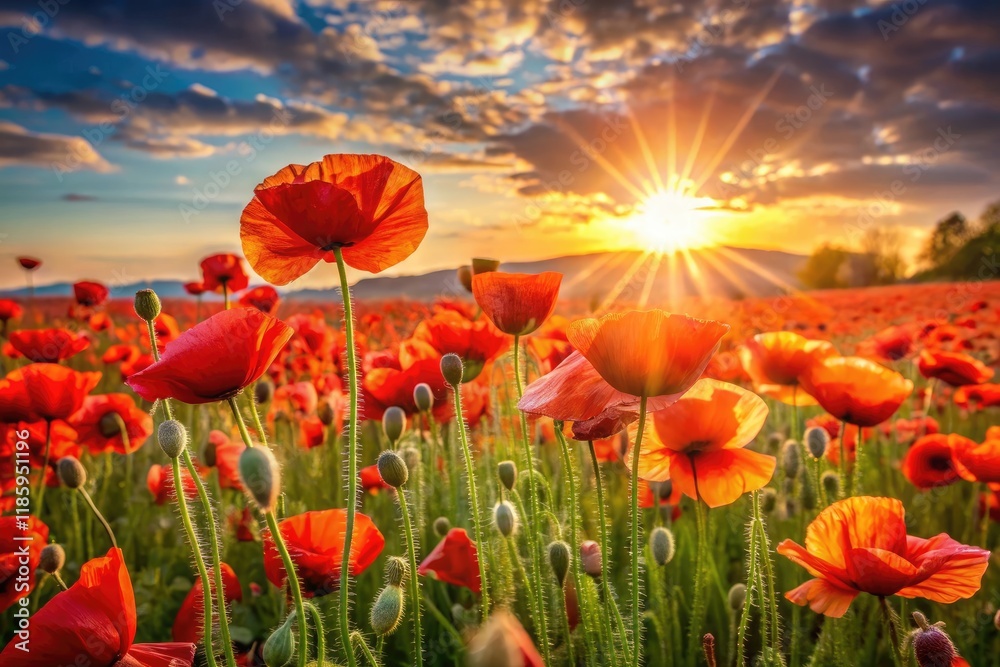 Fototapeta premium A field of poppies in full bloom, with the sun shining down on them, casting a warm glow over the scene, outdoor photography, wildflowers, floral arrangements
