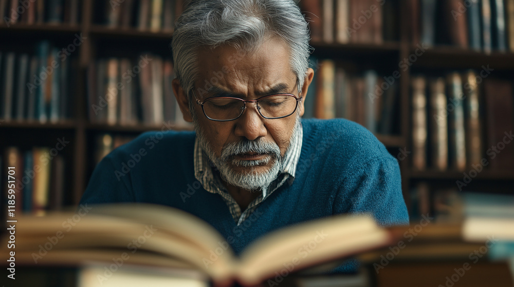 Senior professor reading book in library setting. Ideal for education, academic expertise, and lifelong learning themes. Senior professor reading book in library setting. Ideal for education, academic expertise, and lifelong learning themes.