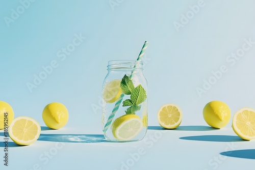 Refreshing lemon water mason jar, summer, blue background, healthy drink photo