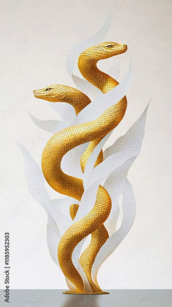 Fototapeta premium Golden Dragon or Golden Snake illustration design, minimalist, graphic design, clear scales, writhing body, white background, gold foil paper brush marks