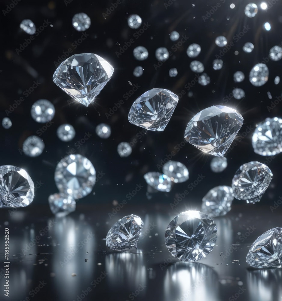 A glittering array of diamonds suspended in mid-air, their facets catching the light as they fall gently downwards , diamonds, gemstones, delicate A glittering array of diamonds suspended in mid-air, their facets catching the light as they fall gently downwards , diamonds, gemstones, delicate