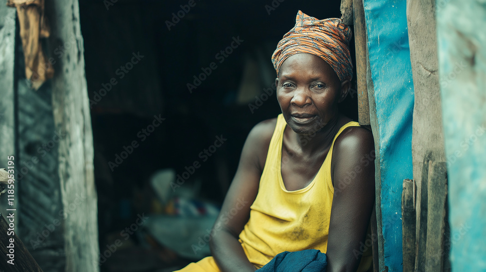Naklejka premium African woman in traditional headwrap in rural setting. Ideal for cultural heritage, authentic lifestyle, and traditional representation themes.