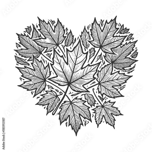 overlapping maple leaves forming a heart shape, evoking autumnal themes and natural charm sketch engraving generative ai vector illustration. Scratch board imitation. Black and white image.
