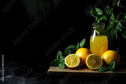 Lemonade, lemons, mint, jar, dark background, drink, recipe photo