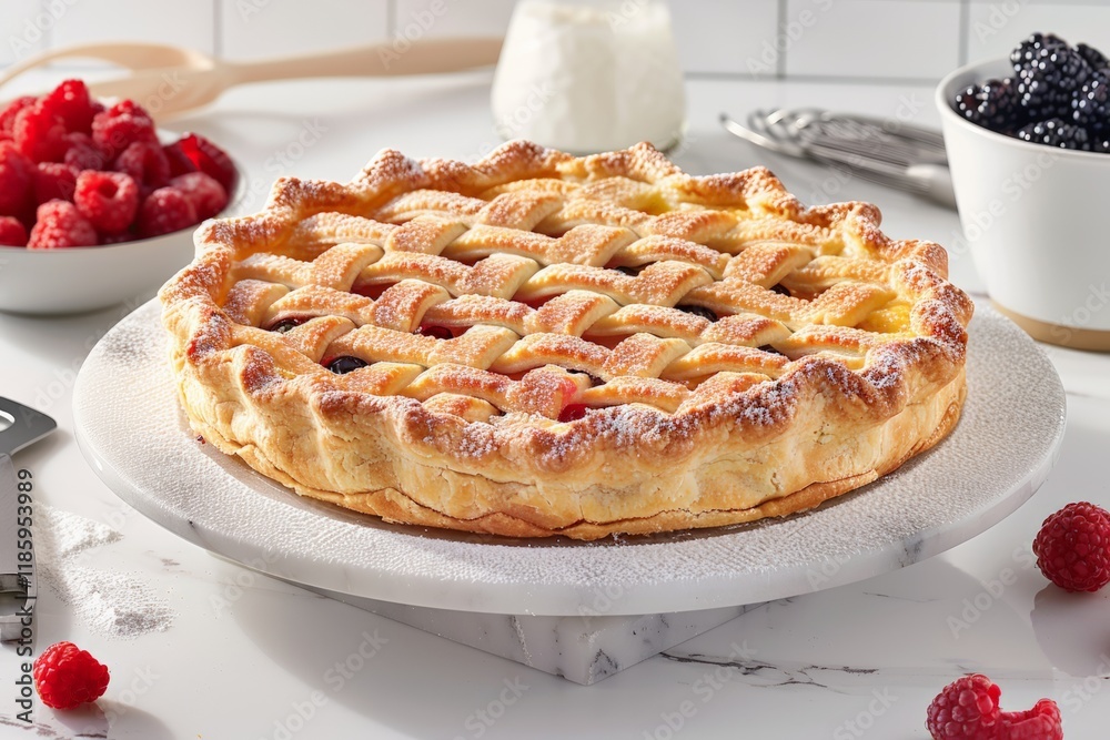 National Pie Day.Delicious berry pie with golden lattice crust surrounded by ingredients. National Pie Day.Delicious berry pie with golden lattice crust surrounded by ingredients.