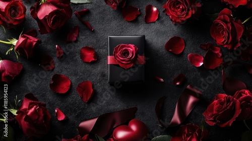 Dark surface adorned with vibrant red roses, a ribboned gift box, and scattered petals, capturing the essence of Valentine Day.