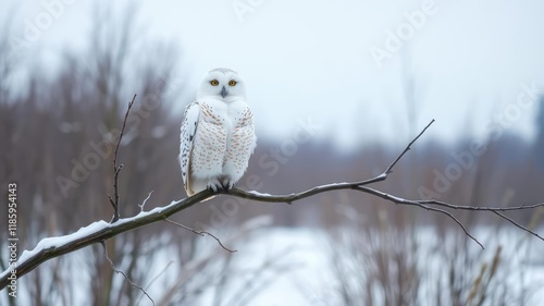 *A single snow-white owl sitting still on a bare branch in a winter landscape, silent observers, winter wonderland, frosty mornings