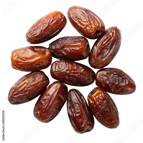 A close-up view of a cluster of plump, dried Medjool dates arranged in a circular pattern against a pure white background.