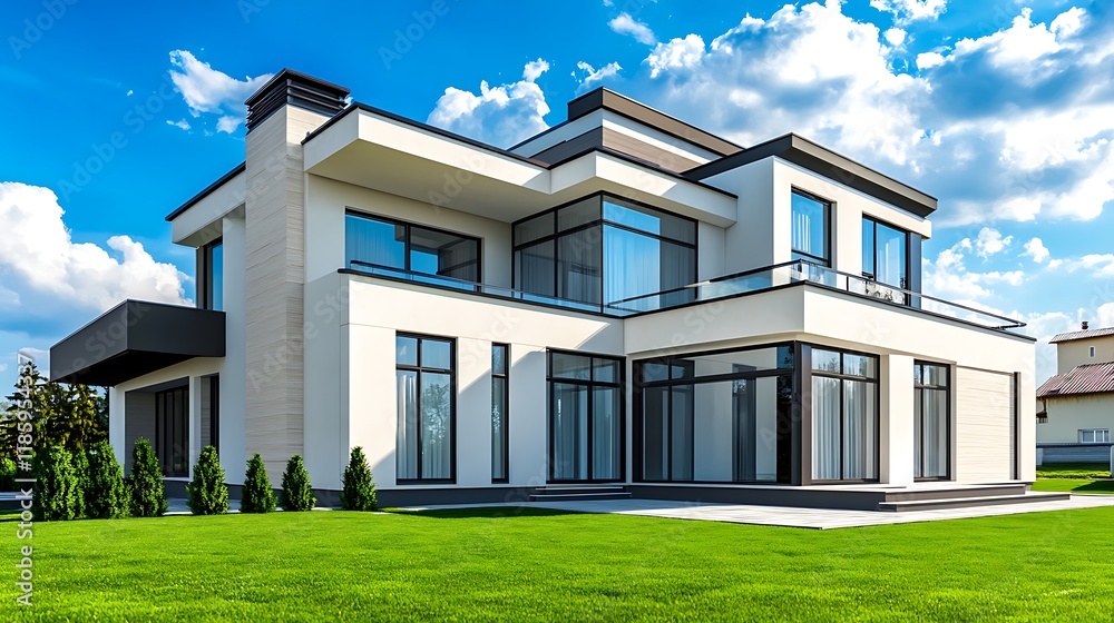 Modern Luxury Home Exterior with Lawn and Captivating Sky View Modern Luxury Home Exterior with Lawn and Captivating Sky View