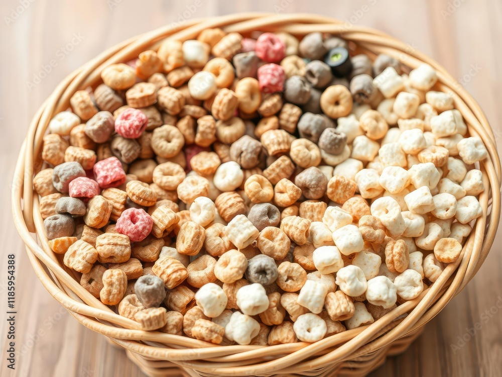 A basket filled with a variety of cereals including whole grain and sugary options, breakfast, cereal A basket filled with a variety of cereals including whole grain and sugary options, breakfast, cereal