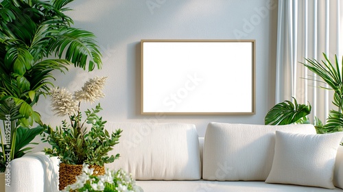 Mockup frame concept. Cozy living room with a blank frame on the wall and lush greenery nearby.