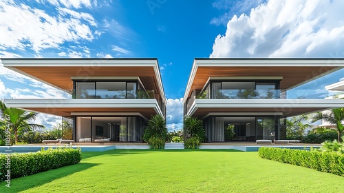 Modern Luxury Home Exterior with Lawn and Captivating Sky View