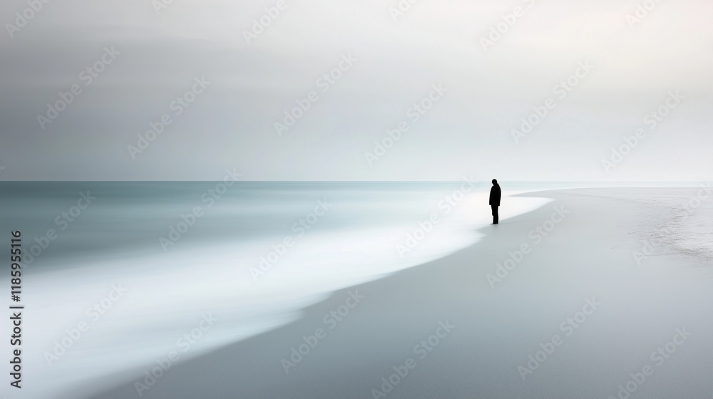 Fototapeta premium A Person Standing Alone on a Beach Next to a Body of Water - Generative AI