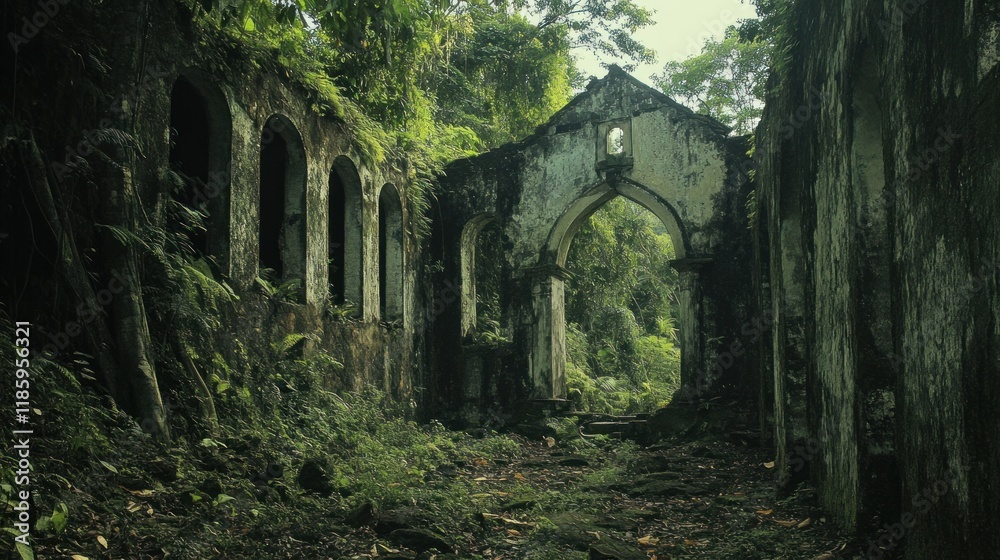 Overgrown Ruins in Lush Tropical Forest: An Enigmatic Architectural Remnant Overgrown Ruins in Lush Tropical Forest: An Enigmatic Architectural Remnant