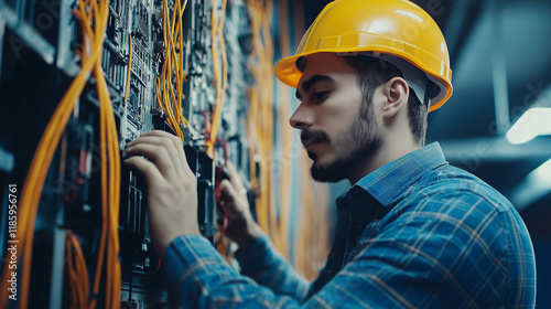 Technician working on network infrastructure in low light. Great for IT maintenance, technical expertise, and professional service themes. photo