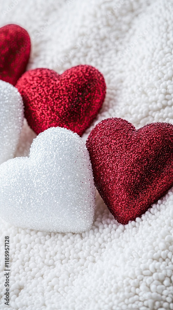 Fototapeta premium Red and white hearts on textured background. Valentine's Day concept.