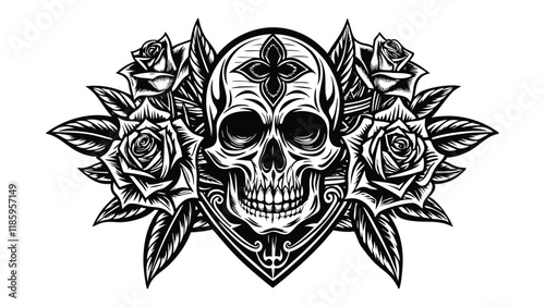 Gothic Skull with Crosses and Roses
