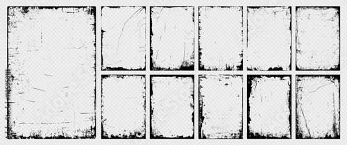 Set of damaged paper texture, photo card, torn or ripped background, distressed overlay frame cover, graphic filter, grainy stamp and grunge banner with grain, dust, ink splash and paint brush stroke.