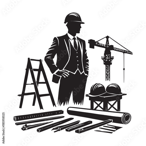 Architect Silhouette Vector Illustration, Solid White Background.