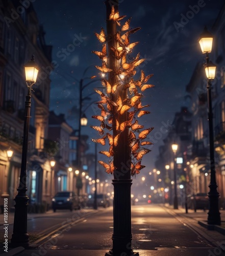 A flock of butterflies dance around a streetlight pole on a balmy summer night, butterflies, light, dance