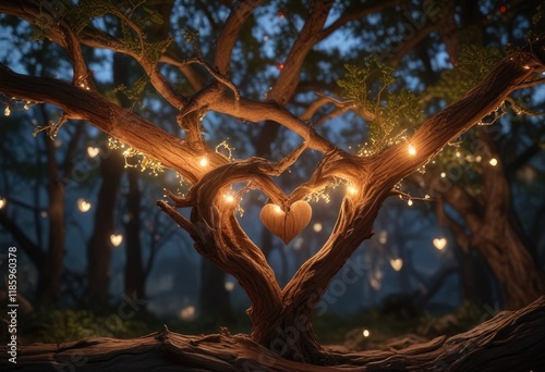 A glowing wooden heart situated on a gnarled tree limb with twinkling lights in the surrounding trees, mystical ambiance, twinkling stars