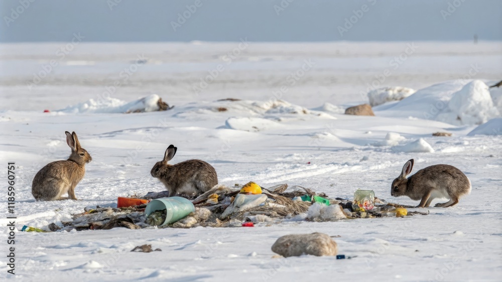 Fototapeta premium A group of angry rabbits rummaging through trash or debris on a desolate white landscape, furious animals, illustration style