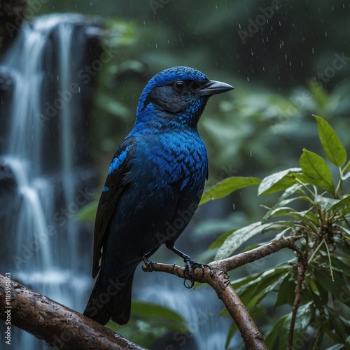 A stunning Asian fairy bluebird perched on a branch with a cascading waterfall in the background. photo