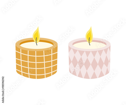 Two candles in decorative ceramic candle jars.