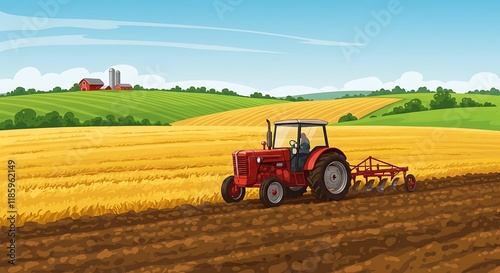 Tractor plowing the field on rural landscape background. Agriculture concept. Vector illustration.

