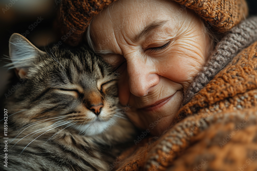 Soft-lit close-up of a senior’s face as they embrace their sleeping cat Soft-lit close-up of a senior’s face as they embrace their sleeping cat