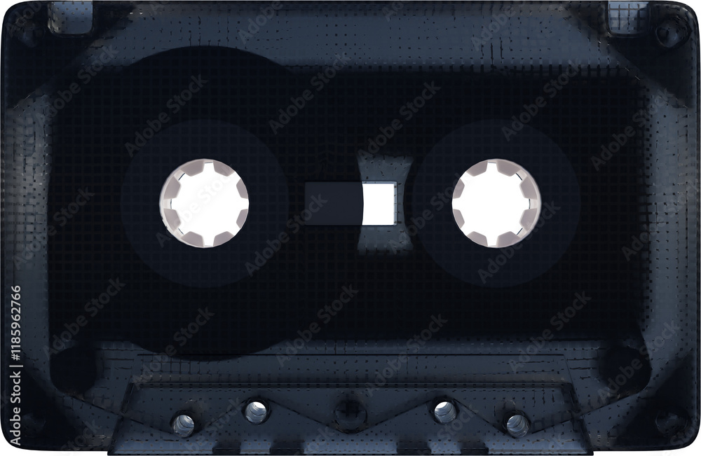 Fototapeta premium Black audio cassette with fully textured surface, featuring white reels and small rectangular window in center against transparent background. Concept of nostalgia, multimedia, technology. Ad