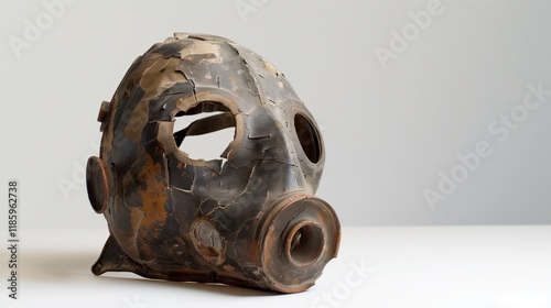 A solitary, worn-out gas mask from a past war, showing cracks and signs of aging, resting on a white background.
