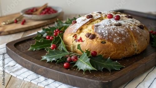 A beautifully decorated Italian Christmas bread served on a dark wooden platter with holly leaves and red berries, christmas treats, festive centerpieces photo