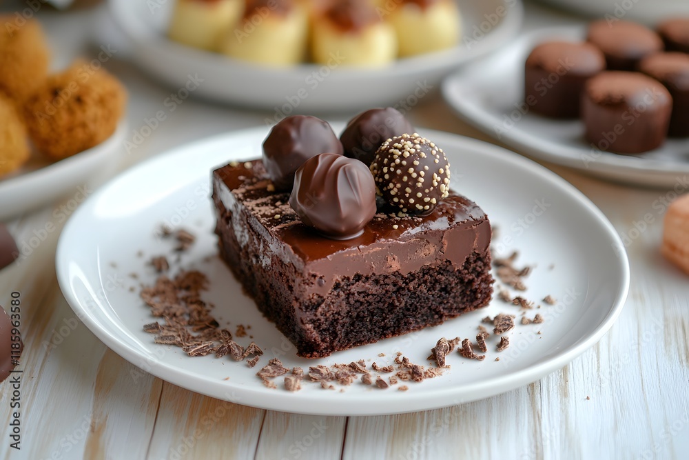 Chocolate cake dessert, truffles, pastries, white table, confectionery, food photography, website banner Chocolate cake dessert, truffles, pastries, white table, confectionery, food photography, website banner
