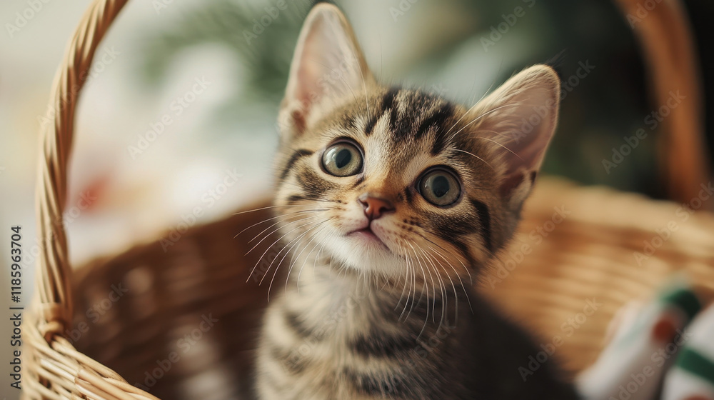 Fototapeta premium A small, cute kitten sitting in front of a basket, in a close-up shot, looking at the camera
