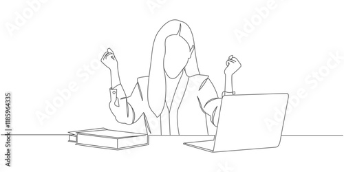 design vector line art office woman working in front of laptop and getting good news eps 2