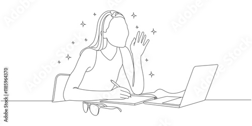 vector line art design of a freelance woman doing a zoom meeting with a customer